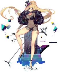  black_bra black_choker black_flower black_hat black_panties black_surge_night blonde_hair bra breasts choker cleavage cleveland_(black_surge_night) earrings facing_viewer female floral_print flower full_body hat hat_flower high_heels highres holding holding_microphone_stand hoop_earrings jewelry long_hair medium_breasts microphone microphone_stand mini_hat mini_top_hat official_art panties parted_lips ponytail solo stairs sunglasses tilted_headwear top_hat transparent_background underwear unitard very_long_hair white_flower 