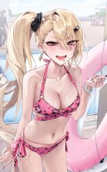  1boy 3girls animal_print asymmetrical_hair bikini black_scrunchie blonde_hair blush braid breasts brown_nails collarbone ear_piercing fangs grey_eyes gyaru hair_between_eyes hair_ornament hair_over_one_eye hair_scrunchie heart_o-ring highres innertube large_breasts leaning_forward leopard_print long_hair looking_at_viewer mouth_piercing multi-strapped_bikini_bottom multi-strapped_bikini_top multicolored_nails multiple_girls nail_art navel o-ring o-ring_bikini open_mouth original piercing pink_bikini pool poolside sabotensuteeki scrunchie side-tie_bikini_bottom side_braid side_ponytail skindentation smile solo_focus standing stomach swim_ring swimsuit v-shaped_eyebrows very_long_hair wet yellow_nails 