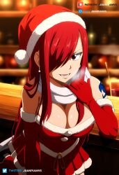  ai_generated bar big_breasts brown_eyes christmas_clothing christmas_headwear christmas_outfit curvy curvy_figure erza_scarlet fairy_tail female juanpi_amvs patreon patreon_username red_eyes scarlet_hair tavern watermark 