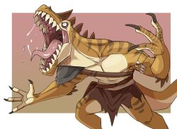  anthro bottomwear brown_bottomwear brown_clothing brown_loincloth clothing dinosaur hi_res imperatorcaesar loincloth male mouth_shot neck_spikes open_mouth orange_body pink_tongue prehistoric_species reptile scalie sharp_teeth solo standing striped_arms striped_legs striped_neck teeth tongue yellow_body 