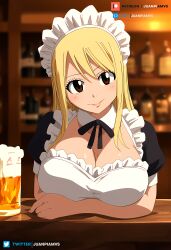  ai_generated bar big_breasts blonde_hair brown_hair drink fairy_tail female juanpi_amvs lazo long_hair looking_at_viewer lucy_heartfilia maid maid_headdress maid_outfit maid_uniform patreon patreon_username tavern watermark 