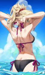  ass bikini black_bikini blonde_hair blue_sky braid breasts butt_crack cloud cloudy_sky fate/apocrypha fate/grand_order fate_(series) female green_eyes hair_ornament hair_scrunchie half_up_braid highres mordred_(fate) mordred_(swimsuit_rider)_(fate) parted_bangs ponytail red_scrunchie scrunchie sidelocks sky small_breasts solo swimsuit tonee tying tying_bikini 