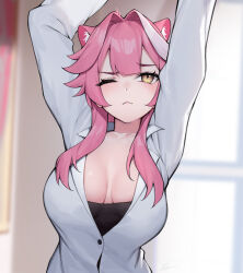  absurdres animal_ear_fluff animal_ears blush breasts collared_shirt dasdokter female highres hololive hololive_english large_breasts long_hair long_sleeves multicolored_hair one_eye_closed open_mouth panther_ears panther_girl pink_hair raora_panthera shirt solo streaked_hair stretching virtual_youtuber white_shirt yellow_eyes 