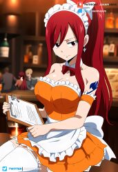  ai_generated bar brown_eyes drink erza_scarlet fairy_tail juanpi_amvs long_hair looking_at_viewer maid maid_headdress maid_outfit maid_uniform order_69 patreon patreon_username ponytail red_hair scarlet_hair sitting tatoo tavern watermark 