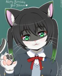  :3 absurd_res anthro anthrofied blush blush_lines claws clothing dated digital_drawing_(artwork) digital_media_(artwork) domestic_cat ears_front english_text felid feline felis female fur gesture green_eyes hair heart_symbol hi_res love_live! love_live!_nijigasaki_school_idol_club mammal multicolored_body multicolored_fur multicolored_hair multicolored_tail paws school_uniform signature smile smiling_at_viewer solo tail tail_motion tailwag text truffadeazalea tuxedo_cat twintails_(hairstyle) uniform waving waving_at_viewer whiskers yuu_takasaki 