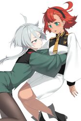  2girls absurdres ahoge asticassia_school_uniform black_hairband front-seamed_legwear green_eyes green_jacket green_shorts grey_eyes grey_hair gundam gundam_suisei_no_majo hairband highres hug jacket low_ponytail miorine_rembran multiple_girls pantyhose red_hair school_uniform seamed_legwear shorts shoulder_boards siguya simple_background suletta_mercury thick_eyebrows white_background yuri 