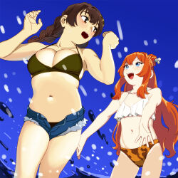  2girls bikini black_bikini blue_eyes bone_hair_ornament braid breasts brown_eyes brown_hair cleavage commission denim denim_shorts hair_ornament large_breasts long_hair midriff mismatched_bikini multiple_girls ojipon open_mouth orange_hair original short_shorts shorts sidelocks splashing swimsuit teeth twin_braids upper_teeth_only very_long_hair water wet white_bikini 