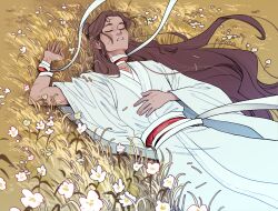  1boy bandaged_arm bandaged_neck bandaged_torso bandages bonesbunns brown_hair chinese_clothes closed_eyes commentary cursed_shackle decapitation english_commentary floating_hair flower grass hair_bun hand_on_own_stomach hanfu highres jewelry long_hair lying male_focus necklace on_back on_grass open_mouth outdoors parted_bangs robe severed_hand severed_head severed_torso single_hair_bun solo tianguan_cifu very_long_hair white_flower white_hanfu white_robe wide_sleeves xie_lian 