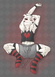  alternative_fashion anthro asriel_dreemurr asriel_dreemurr_(god_form) blush bulge clothing digital_media_(artwork) emo footwear full-length_portrait goth hi_res lying male muscular muscular_thighs nekazzy on_back portrait red_eyes simple_background socks solo thick_thighs undertale undertale_(series) underwear 