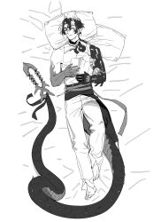  1boy absurdres arknights barefoot bed_sheet book chong_yue_(arknights) closed_eyes commentary_request dragon_boy dragon_horns dragon_tail earrings from_above full_body greyscale highres holding holding_book horns jewelry kard korean_commentary long_tail lying male_focus monochrome on_back pillow pointy_ears sleeping sleeveless solo tail 