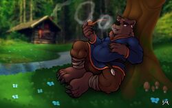  5_toes anthro barefoot bear bjorn_twopaw brown_body brown_fur cabin creek feet forest forest_background fungus fur male mammal mushroom nature nature_background pipe_smoking plant relaxing saylir smoke smoke_ring solo toes tree 