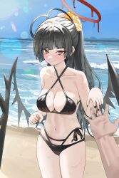  1boy absurdres bags_under_eyes beach bikini black_bikini black_hair black_nails black_wings blood blood_halo blue_archive blue_sky blush breasts criss-cross_halter day female halo halterneck highres large_breasts liquid_halo long_hair looking_at_viewer low_wings nose_blush ocean offering_hand pov red_eyes red_halo sand sky solo_focus sweat swimsuit tsurugi_(blue_archive) tsurugi_(swimsuit)_(blue_archive) wings yulmu98999 