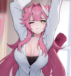  absurdres animal_ear_fluff animal_ears blush breasts collared_shirt dasdokter female highres hololive hololive_english large_breasts long_hair long_sleeves multicolored_hair one_eye_closed open_mouth panther_ears panther_girl panther_tail pink_hair raora_panthera revision shirt solo streaked_hair stretching virtual_youtuber white_shirt yellow_eyes 