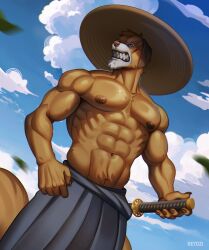  abs absurd_res anthro biceps duke_dogstorm exterior feral hi_res humanoid male melee_weapon muscular muscular_male nipples obliques one_piece pecs reydzi ribs serratus solo sword triceps weapon 