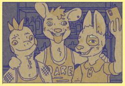  anthro bar canid canine canis chihuahua clothing domestic_dog ear_piercing hair iguana iguanid lizard mammal mouse murid murine obrien_(artist) piercing reptile rodent scalie shirt taking_picture taking_selfie tank_top tobias_(obrien) tongue tongue_out topwear toy_dog 