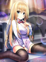  :3 absurdres black_thighhighs blonde_hair blue_eyes blue_nails blurry blurry_background bow bowtie braid breasts cleavage closed_mouth clothes_pull commentary crown_braid eyes_visible_through_hair female foot_out_of_frame hair_between_eyes hand_up highres index_finger_raised indoors kido_tsubasa large_breasts lens_flare long_hair long_sleeves looking_at_viewer nail_polish naked_shirt parquet_(yuzusoft) partially_unbuttoned pulling_own_clothes red_bow red_bowtie seductive_smile shirt shirt_pull shirt_tug sidelocks sitting smile solo split_mouth straight_hair thighhighs very_long_hair wariza white_shirt xiexianglg 