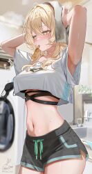  absurdres arm_up armpits arms_up black_bra black_shorts blonde_hair blurry blurry_background blush bra breasts collarbone cowboy_shot crop_top female genshin_impact hair_between_eyes hair_ornament highres indoors kabu_usagi large_breasts long_hair lumine_(genshin_impact) midriff mouth_hold navel shirt short_shorts shorts solo stomach toothbrush towel translation_request twitter_username underwear washing_machine white_shirt yellow_eyes 