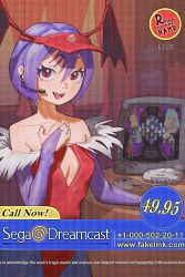  2001 absurdres bat_wings breasts bridal_gauntlets calendar_(object) capcom cleavage_cutout clock clothing_cutout crt curtains demon_girl diamond_cutout dreamcast_controller english_text eyelashes fake_screenshot feather_trim female fur-trimmed_leotard fur_trim game_console gloves hand_on_own_chest head_wings headset highres leotard lilith_aensland looking_at_viewer microphone newgrounds oerba_yun_fang off-shoulder_leotard open_mouth pantyhose parody phone_number purple_gloves purple_pantyhose red_leotard red_wings scanlines sega_dreamcast small_breasts smile solo subtitled television vampire_(game) video_game visor_cap wall_clock wings yaroslavee 