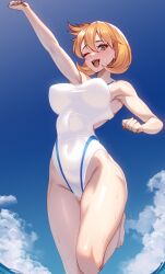  ;d arm_up blue_sky breasts cloud competition_swimsuit day female green_eyes highleg highleg_one-piece_swimsuit highres jumping kasumi_(pokemon) looking_at_viewer medium_breasts ocean one-piece_swimsuit one_eye_closed open_mouth orange_hair outdoors pokemon pokemon_hgss short_hair sky smile solo swimsuit teeth thighs upper_teeth_only volyz wet white_one-piece_swimsuit 