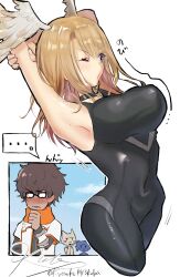  1boy animal_ears arm_up armpits arms_behind_head bare_shoulders blonde_hair blue_eyes blush bodysuit breasts covered_navel cowboy_shot feathered_wings glasses head_wings highres kyosuke1413koba large_breasts one_eye_closed short_hair skin_tight speech_bubble tagme white_background wings xenoblade_chronicles_(series) xenoblade_chronicles_3 