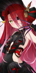  absurdres armor armored_dress bare_shoulders black_armor black_dress black_eyes blush bonnet breasts claws detached_sleeves dress fate/grand_order fate_(series) female flower food food_on_face food_on_hand hair_between_eyes hair_flower hair_ornament hawatari2019 heterochromia highres holding holding_food long_hair looking_at_viewer macaron red_flower red_hair red_rose rose sideboob sideless_outfit simple_background small_breasts smile solo typhon_ephemeros_(fate) very_long_hair white_background yellow_eyes 