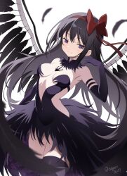  akemi_homura akuma_homura argyle_clothes argyle_legwear bare_shoulders black_gloves black_hair black_wings bow choker dress elbow_gloves feathered_wings feathers female gloves hairbow highres long_hair mahou_shoujo_madoka_magica mahou_shoujo_madoka_magica:_hangyaku_no_monogatari nagare_(flow) purple_eyes simple_background skirt smile solo thighhighs white_background wings 