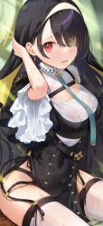  absurdres black_dress black_hair blue_archive blurry blurry_background blush breasts cleavage_cutout clothing_cutout coif commentary_request cross cross_earrings dress earrings eyes_visible_through_hair female frilled_sleeves frills furrowed_brow garter_belt habit hair_over_one_eye halo hand_up highres hinata_(blue_archive) jewelry large_breasts light_blush long_hair looking_at_viewer nosuke_tmg nun parted_lips pelvic_curtain red_eyes sitting solo tearing_up thighhighs wet wet_clothes wet_dress white_thighhighs yellow_halo 