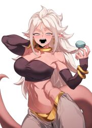  1girls android_21 android_21_(good) arabian_clothes athletic_female belly_button big_breasts blue_eyes bracelet collar dragon_ball dragon_ball_fighterz dragon_ball_z harem_outfit jewelry macaron majin_android_21 navel open_mouth pink_skin pointy_ears spiked_hair spiky_hair tail teeth zquung 