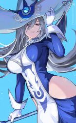  blue_dress breasts cowboy_shot dress duel_monster female gloves grey_hair hair_between_eyes hat highres hip_vent hsin large_breasts long_hair looking_at_viewer red_eyes silent_magician solo staff very_long_hair white_gloves witch_hat yu-gi-oh! yu-gi-oh!_duel_monsters 