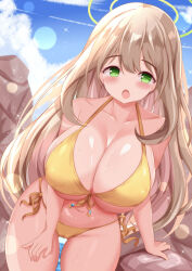  :o bare_arms bare_shoulders bikini blue_archive blue_sky blush breasts cleavage female front-tie_bikini_top front-tie_top green_eyes halo highres large_breasts lens_flare light_brown_hair long_hair looking_at_viewer nonomi_(blue_archive) nonomi_(swimsuit)_(blue_archive) open_mouth outdoors rock side-tie_bikini_bottom sky solo summer swimsuit very_long_hair xenon_(for_achieve) yellow_bikini 