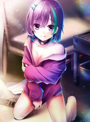  :q absurdres aqua_hair barefoot black_choker blurry blurry_background blush breasts cardigan cardigan_tug choker cleavage closed_mouth collarbone commentary_request eyes_visible_through_hair female grabbing_own_arm grey_shorts hair_between_eyes hair_ornament hairclip highres ibaraki_rino indoors kneeling knees_out_of_frame large_breasts looking_at_viewer medium_hair naked_cardigan open_cardigan open_clothes panties parquet_(yuzusoft) pink_cardigan purple_eyes purple_hair raised_eyebrows shorts single_bare_shoulder sleeves_past_wrists smile solo split_mouth sunlight tongue tongue_out underwear unworn_panties unworn_shorts white_panties xiexianglg 