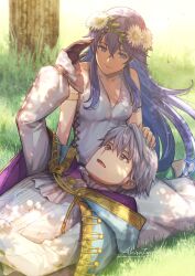  1boy :d absurdres bad_source black_gloves blue_eyes blue_hair breasts brown_eyes cleavage closed_mouth collarbone couple crossed_bangs dress female fire_emblem fire_emblem_awakening flower fujikawa_arika gloves grass grey_hair hair_between_eyes hand_on_another&#039;s_head head_wreath highres lap_pillow long_hair long_sleeves looking_at_another looking_down looking_up lucina_(fire_emblem) lying on_back open_mouth outdoors robin_(fire_emblem) robin_(male)_(fire_emblem) shirt short_hair sitting smile straight sunflower tongue tree white_dress white_shirt 