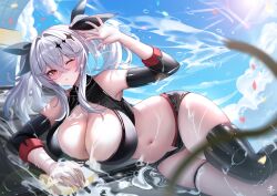  absurdres azur_lane bare_shoulders black_footwear black_shorts blush boots breasts cleavage crossed_bangs day detached_sleeves female hair_between_eyes highres hose joffre_(azur_lane) joffre_(blessings&#039;_first_flight)_(azur_lane) large_breasts long_hair long_sleeves looking_at_viewer lying micro_shorts navel official_alternate_costume on_side one_eye_closed outdoors parted_lips red_eyes shorts single_thigh_boot skindentation solo stomach tansuan_(ensj3875) thigh_boots thigh_strap thighs water white_hair 