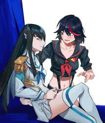  2girls :d absurdres black_hair black_shirt blue_eyes blue_neckerchief collarbone crop_top dress epaulettes highres junketsu kill_la_kill kiryuuin_satsuki lan_xiezi long_hair long_sleeves matoi_ryuuko midriff multicolored_hair multiple_girls navel neckerchief open_mouth red_hair sailor_collar sailor_shirt senketsu shirt siblings simple_background sisters smile stomach streaked_hair thighhighs very_long_hair white_background white_dress white_thighhighs 