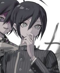  2boys ahoge bishounen black_hair blood blood_on_face buttons checkered_clothes checkered_scarf covering_own_mouth danganronpa_(series) danganronpa_v3:_killing_harmony eyelashes flipped_hair hair_between_eyes hand_over_own_mouth highres male_focus multiple_boys muted_color oma_kokichi pale_skin pink_blood pinstripe_jacket pinstripe_pattern purple_eyes purple_hair ringed_eyes saihara_shuichi scarf short_hair sukizukiko upper_body white_background yellow_eyes 