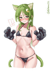  animal_ear_fluff animal_ears animal_hands bikini black_bikini black_gloves blush cat_ears cat_girl cat_tail closed_mouth commentary_request crescent crescent_hair_ornament ebifurya female fur-trimmed_gloves fur_trim gloves green_eyes green_hair groin hair_between_eyes hair_ornament highres kantai_collection kemonomimi_mode long_hair looking_at_viewer nagatsuki_(kancolle) navel one-hour_drawing_challenge paw_gloves ribs simple_background solo sweat swimsuit tail twitter_username very_long_hair white_background 