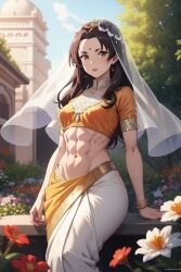  abs ai_generated bangle bindi blouse brown_eyes female female_focus female_only flower garden indian indian_clothes indian_female light-skinned_female light_skin medium_breasts midriff navel pink_lipstick saree sari slim_waist solo solo_female solo_focus veil wide_hips yellow_clothing 