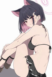  absurdres alternate_costume animal_ears bare_arms bikini bikini_skirt black_bikini black_hair blue_archive blush breasts butt_crack cat_ears cat_girl colored_inner_hair commentary_request extra_ears female from_side halo highres hiroikara_(smhong04) hugging_own_legs kazusa_(blue_archive) looking_at_viewer medium_breasts multicolored_hair pink_hair pink_halo red_eyes short_hair simple_background solo sweat swimsuit thighs white_background 