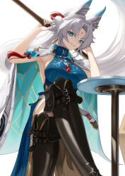  animal_ears aqua_eyes armpits belt_boots black_footwear blue_dress boots dress feixiao_(honkai:_star_rail) female fox_ears grin hands_up highres honkai:_star_rail honkai_(series) long_hair looking_at_viewer muwon sleeveless sleeveless_dress smile solo very_long_hair white_hair 