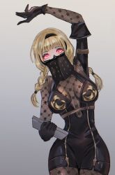  arm_up black_gloves black_hairband blonde_hair braid breasts commentary_request eyelashes female gloves glowing glowing_eyes gradient_background grey_background hairband helen_(helen2210hk) highres holding holding_paper mask mouth_mask nier:automata nier_(series) operator_6o paper red_eyes simple_background single_braid solo 