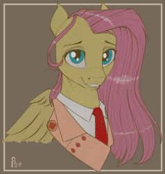  blue_eyes clothing equid equine female fluttershy_(mlp) friendship_is_magic hair hasbro looking_at_viewer mammal medic_(team_fortress_2) my_little_pony mythological_creature mythological_equine mythology necktie pegasus pink_hair portrait solo stray_prey team_fortress_2 valve wings yellow_body 