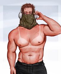  1boy abs absurdres alternate_costume bara brown_hair call_of_duty call_of_duty:_modern_warfare_2 cod_leech cowboy_shot headphones heat_stroke_photoshoot_(meme) highres konig_(call_of_duty) large_pectorals looking_at_viewer male_focus meme muscular muscular_male nipples pectorals plump simple_background single_nipple_piercing solo sparse_navel_hair standing tan tanlines topless_male white_background 