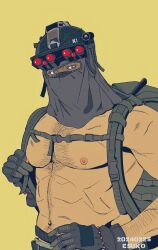  1boy abs backpack bag bara black_gloves blue_eyes call_of_duty call_of_duty:_modern_warfare_2 covered_face cowboy_shot esuko_(radio298) gloves hairy helmet highres konig_(call_of_duty) large_pectorals looking_at_viewer male_focus mask muscular muscular_male navel navel_hair nipples pectorals simple_background solo sparse_chest_hair sparse_navel_hair standing thick_arm_hair 