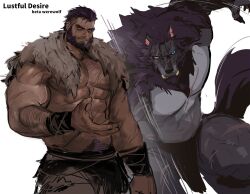  2boys attack_trail bara beard blue_eyes character_request cowboy_shot dopey_(dopq) facial_hair full_beard fur_(clothing) furry furry_male hairy incoming_attack large_pectorals looking_at_viewer lustful_desires male_focus mature_male multiple_boys muscular muscular_male navel_hair nipples partially_blind pectorals pelvic_curtain purple_fur scar short_hair sparse_chest_hair standing strongman_waist thick_arm_hair thick_beard thick_eyebrows thick_navel_hair wolf_boy 