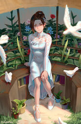  arm_support artist_name asymmetrical_hair bangs bare_legs bird blue_flower breasts brown_hair closed_mouth dove dress female flower full_body grass hair_ornament hair_tie hairclip hand_on_own_knee highres indoors long_sleeves looking_at_viewer original parted_bangs pink_flower plant potted_plant purple_flower red_flower red_rose rose shade shoes short_hair sitting smile solo white_dress white_footwear whoareuu yellow_eyes 