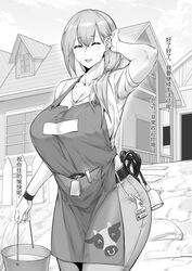  absurdres animal_print apron bell belt blush breasts bucket chinese_commentary chinese_text cleavage closed_eyes collarbone commentary_request cow_print cowbell dawalixi ear_tag female greyscale highres holding holding_bucket large_breasts long_hair monochrome nervous_sweating open_mouth original outdoors short_sleeves side_ponytail smile solo sweat translation_request 