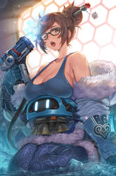  black-framed_eyewear blue_tank_top breast_rest breasts brown_eyes brown_hair cleavage coat collarbone female fur_trim glasses gloves hagure_keg hair_bun hair_ornament hair_stick highres ice_gun large_breasts looking_at_viewer mei_(overwatch) one_eye_closed open_mouth overwatch short_hair sidelocks single_hair_bun snowball_(overwatch) solo sweat swept_bangs tank_top 