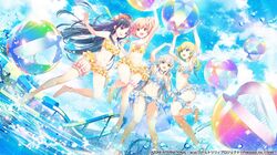  4girls :d ahoge amano_soraha ankle_garter anklet arm_up arms_up assault_lily ball bare_arms bare_legs bare_shoulders barefoot beachball bikini bikini_skirt black_hair blonde_hair blue_bikini blue_sky bow bracelet bridal_garter brown_eyes choker cloud commentary_request day dutch_angle egawa_kusumi floating_hair flower frilled_bikini frills from_below front-tie_bikini_top front-tie_top grey_hair hair_flower hair_ornament hairbow halterneck hand_up hitotsuyanagi_riri holding holding_ball holding_beachball holding_hands hosoi_mieko interlocked_fingers jewelry jumping legs lens_flare long_hair looking_at_object looking_at_viewer looking_up low_ponytail midair multi-strapped_bikini multi-strapped_bikini_bottom multiple_girls navel necklace official_alternate_costume official_alternate_hairstyle official_art one_side_up open_mouth outdoors pendant pink_eyes pink_hair plaid plaid_bikini ponytail pool purple_eyes purple_ribbon red_bow ribbon roller_coaster see-through shirai_yuyu short_hair sidelocks sky smile stomach swimsuit thigh_strap toes two-tone_bikini very_long_hair water water_drop water_slide waterpark white_bikini white_choker white_flower white_ribbon yellow_bikini yellow_ribbon 