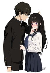  1boy arm_at_side artist_logo black_hair black_skirt blush breasts brown_hair chitanda_eru clothes_grab embarrassed female highres hyouka jacket_grab kabedon kamiyama_high_school_uniform_(hyouka) long_hair long_sleeves looking_away medium_breasts mery_(yangmalgage) open_mouth oreki_houtarou pleated_skirt purple_eyes school_uniform serafuku shirt short_hair simple_background skirt straight white_background white_shirt 