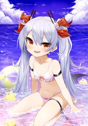  :d absurdres anchor armband azur_lane bad_id bad_pixiv_id ball beachball bikini blush bow bow_bikini chains chinese_commentary cloud cloudy_sky commentary_request day female flat_chest grey_hair hair_ornament highres long_hair looking_at_viewer manjuu_(azur_lane) navel oerba_yun_fang outdoors pg_(pege544) red_eyes sitting skindentation sky smile swimsuit thigh_strap twintails vampire_(azur_lane) wariza water white_bikini 